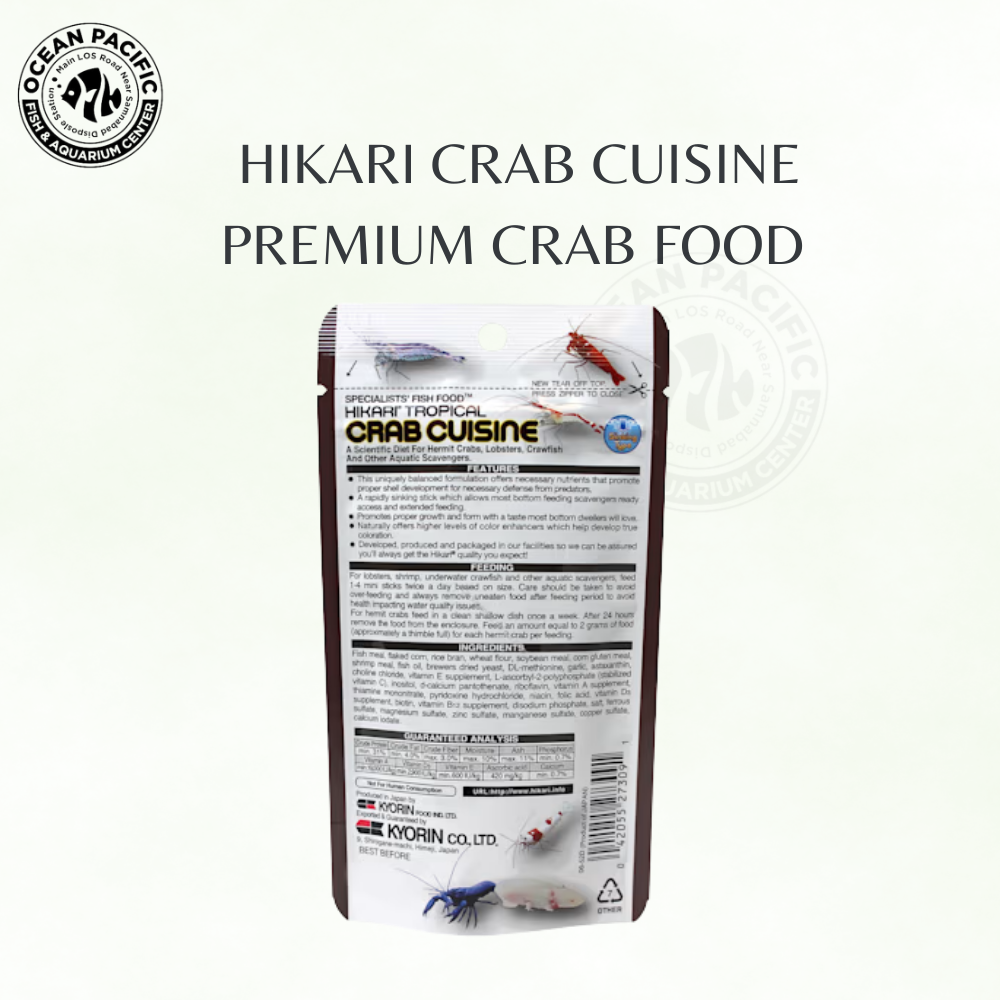 Premium food specially formulated for crabs and other freshwater crustaceans Sinking premium food designed for bottom-feeding behavior Supports healthy growth, strong shells, and vibrant coloration High-quality protein and natural ingredients for overall vitality Balanced vitamins and minerals to support immunity and reduce stress Provides essential nutrients for energy and metabolic health Promotes regular feeding and natural eating behavior Supports digestion and nutrient absorption for healthier crabs Helps maintain clean aquarium water by reducing waste Free from artificial colorants, hormones, and preservatives Easy to feed and highly palatable for crabs Suitable for daily feeding in freshwater aquariums Supports long-term health, disease resistance, and vitality Brand: Hikari | Size: 50g | Sinking Premium Crab Food